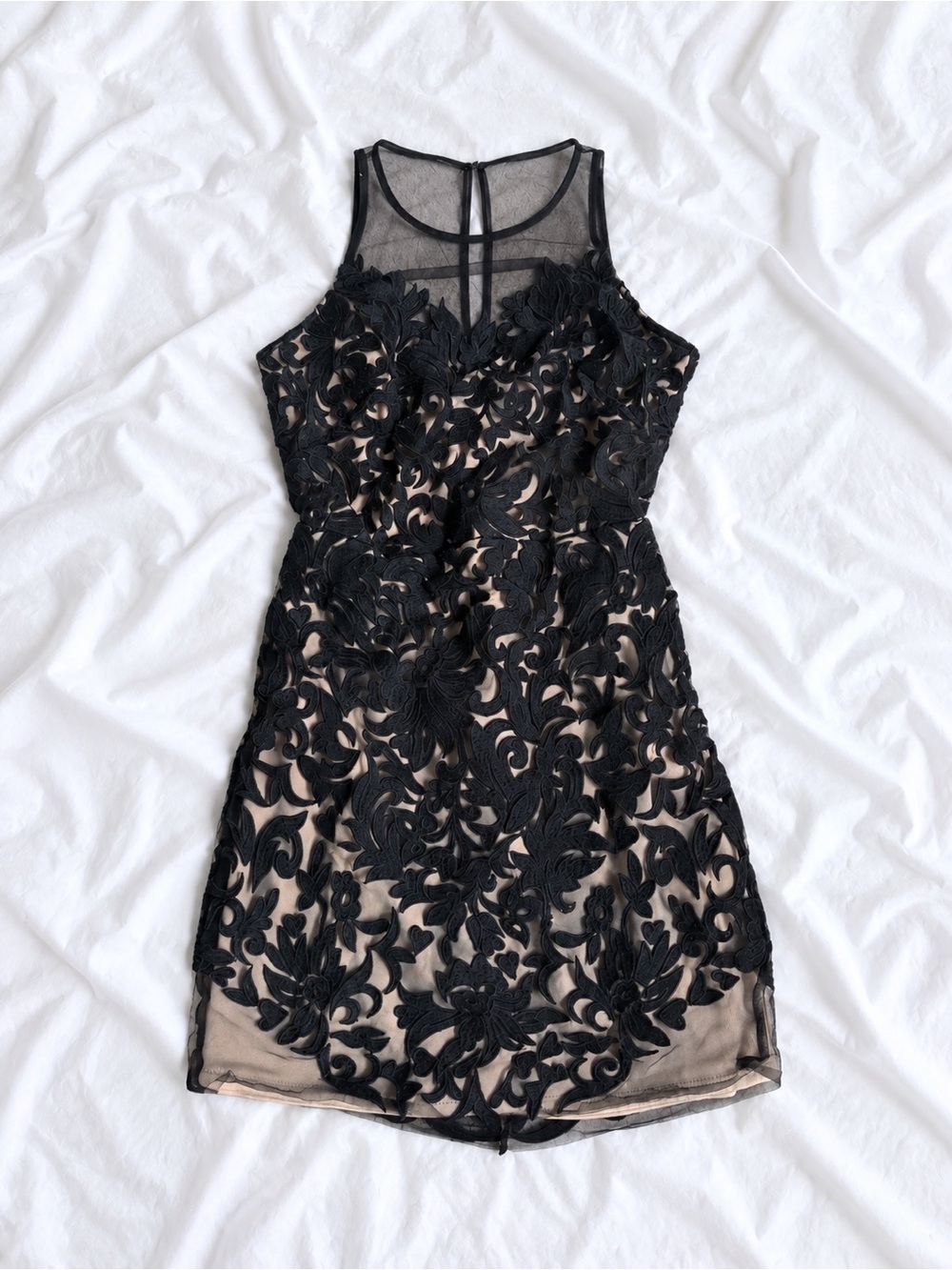 bebe Black Floral Lace Overlay Mini Dress with Nude Lining